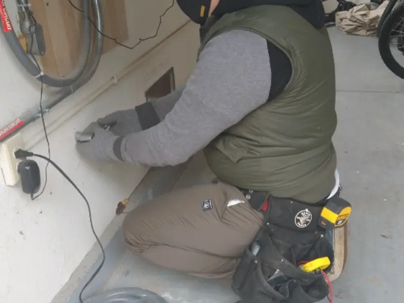 Electrician performing outlet wiring in a Kernersville garage
